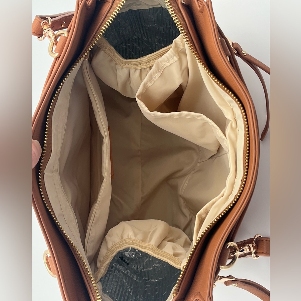 Miss Fong Cross Body mini Diaper bag chestnut brown multi pocket purse Read-FLAW - Picture 3 of 13